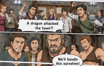 Generated manga panels: a fantasy tavern crowd reacting to a dragon attack